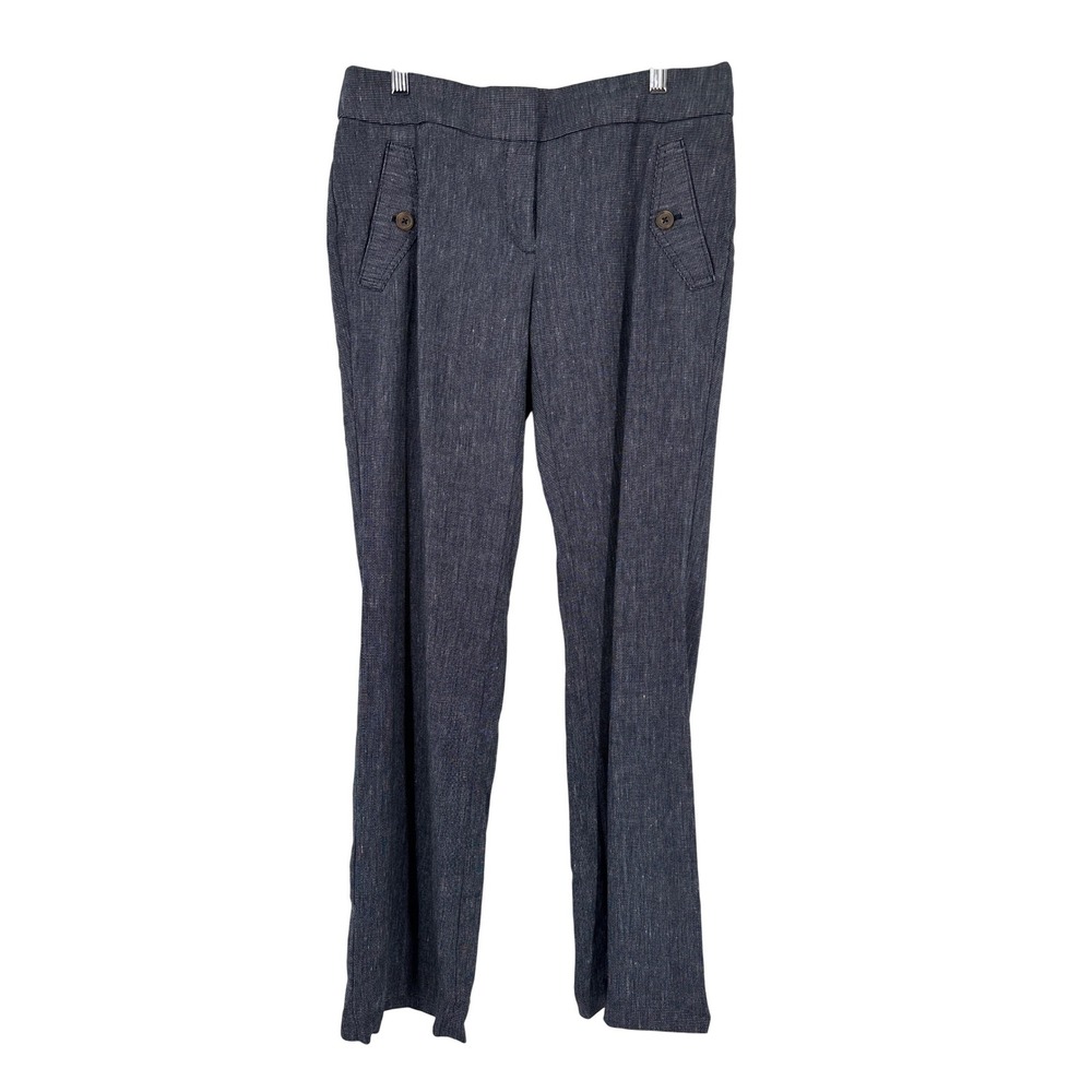 LOFT Marisa Trouser 4 Navy White Dot Pinstripe Bootcut Leg Pants Linen Blend 31"